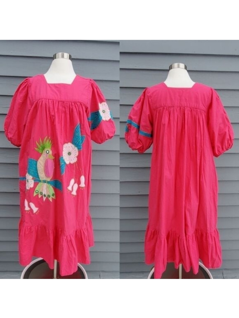 Vintage Rare‎ Exotic Hot Pink Embroidered Floral Cockatiels Mumu Midi Dress M/L
